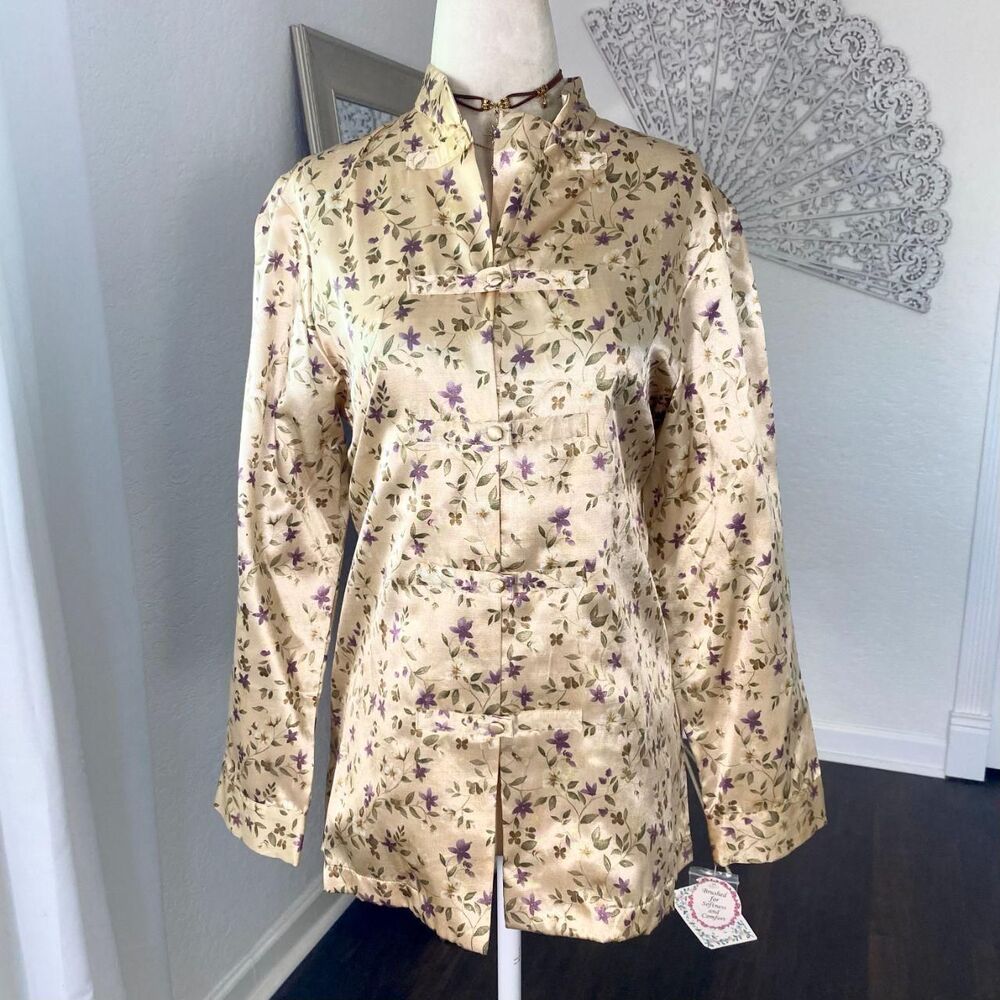 Amanda Stewart Deadstock Satin Cheongsam Floral Button Up Blouse Top Xs S M